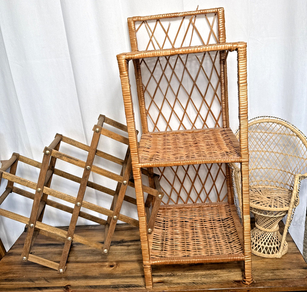 Vintage Boho Wicker Lot Plant Stands Wine Bottle Holder Cottage Core Decor Brown